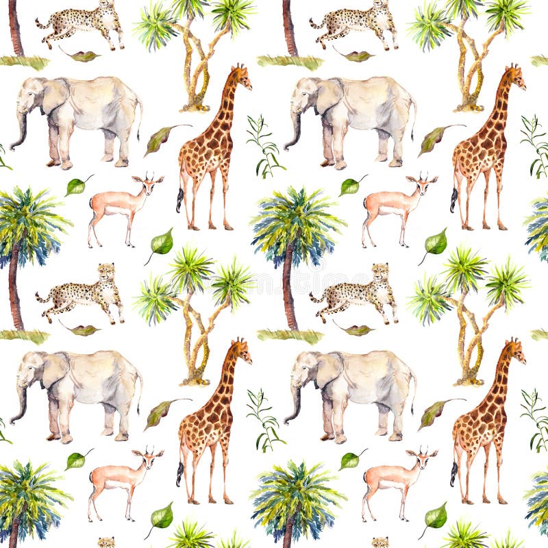 Wilde dieren - giraf, olifant, jachtluipaard, antilope in savanne en palmen Het herhalen van achtergrond watercolor royalty-vrije illustratie Wilde dieren - giraf, olifant, jachtluipaard, antilope in savanne en palmen Het herhalen van achtergrond watercolor royalty-vrije illustratie
