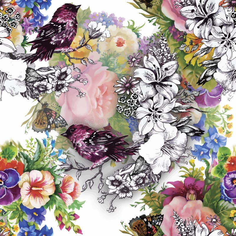Wilde exotische Vögel des Aquarells auf nahtlosem Muster der Blumen auf weißem Hintergrund lizenzfreie abbildung Wilde exotische Vögel des Aquarells auf nahtlosem Muster der Blumen auf weißem Hintergrund lizenzfreie abbildung