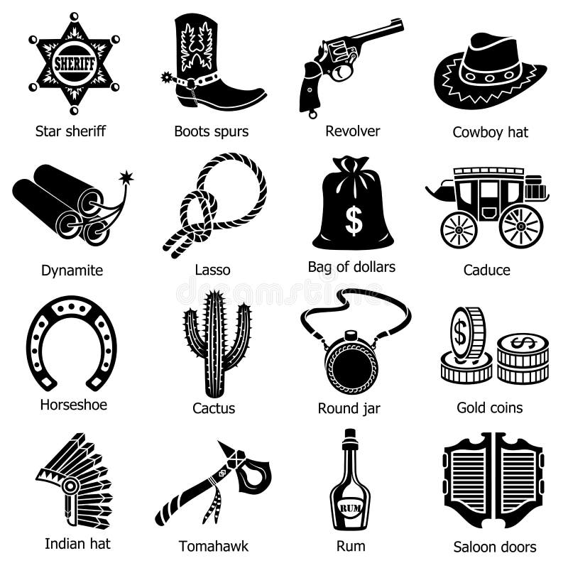Wilde geplaatste het westenpictogrammen, eenvoudige stijl stock illustratie Wilde geplaatste het westenpictogrammen, eenvoudige stijl stock illustratie