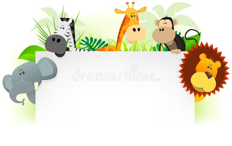 Illustration of cute cartoon wild animals from african savannah, including lion, elephant,giraffe, monkey and zebra with jungle background. For use as letterhead. Illustration of cute cartoon wild animals from african savannah, including lion, elephant,giraffe, monkey and zebra with jungle background. For use as letterhead