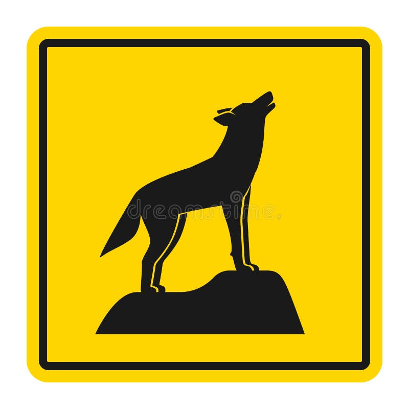 Wilde Tiere Verkehrsschild gelb färben lassen. Silhouette des Heulenwolfs lizenzfreie abbildung