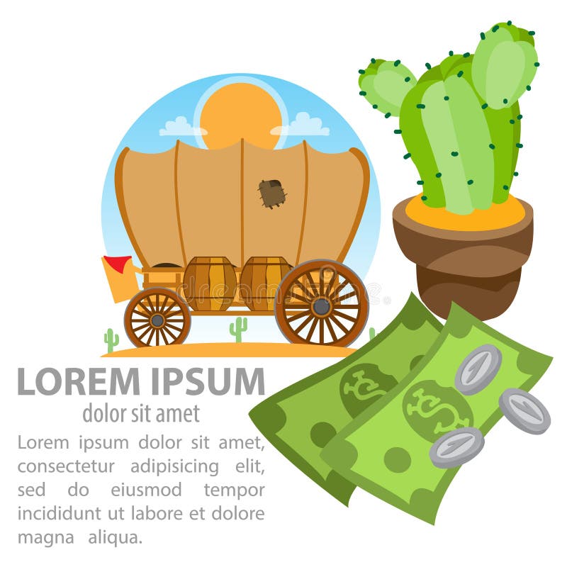 Wilde Westennen Behandeld wagen, cactus en geld royalty-vrije illustratie Wilde Westennen Behandeld wagen, cactus en geld royalty-vrije illustratie