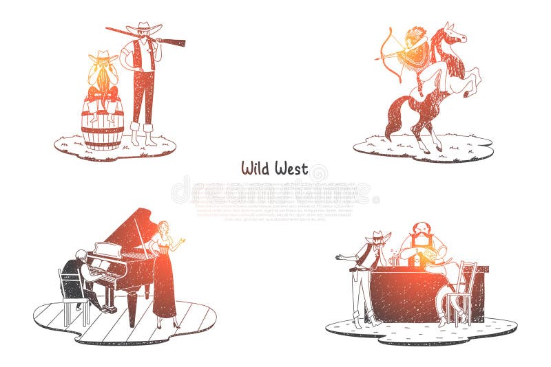 Wilde Westennen - Indiër met boogschieten op paard, jager met kanon, zaal met dranken en herberg met reeks van het musici de vect royalty-vrije illustratie Wilde Westennen - Indiër met boogschieten op paard, jager met kanon, zaal met dranken en herberg met reeks van het musici de vect royalty-vrije illustratie