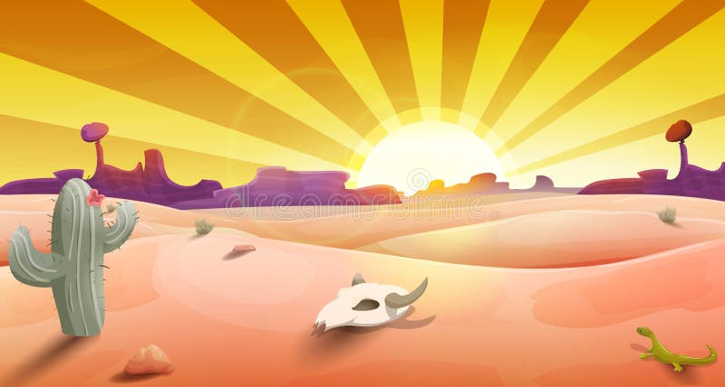 Wilde Westlandschaft mit Wüste am Sonnenuntergang, am Kaktus, an den Bergen und am Scull lizenzfreie abbildung Wilde Westlandschaft mit Wüste am Sonnenuntergang, am Kaktus, an den Bergen und am Scull lizenzfreie abbildung
