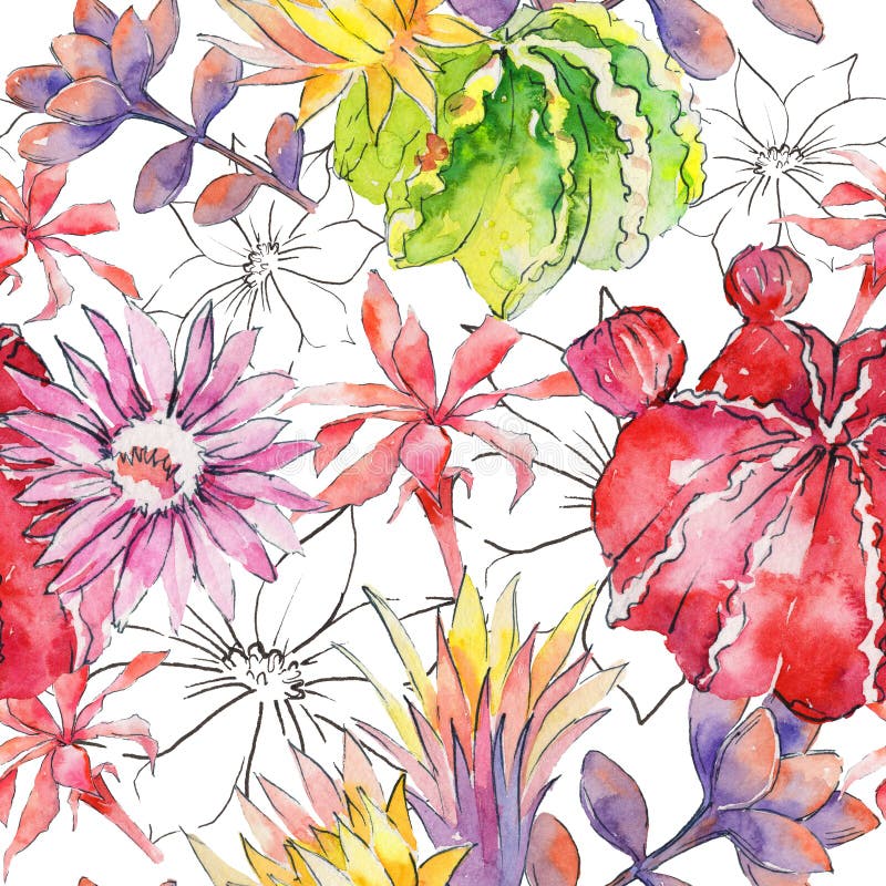 Wildflower cactus flower pattern in a watercolor style.