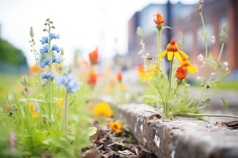 Wildflowers growing between unused railway ties stock illustration