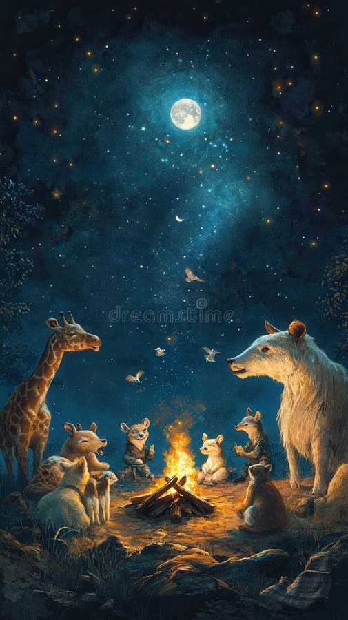 Wildlife campfire under a moonlit cosmic sky royalty free stock photography