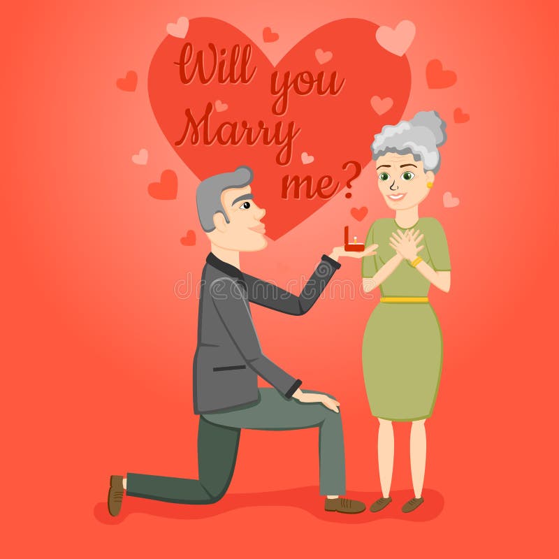 Will You Marry Me Cute Illustration With Old Couple For Happy Valentine`s Day Love Stock