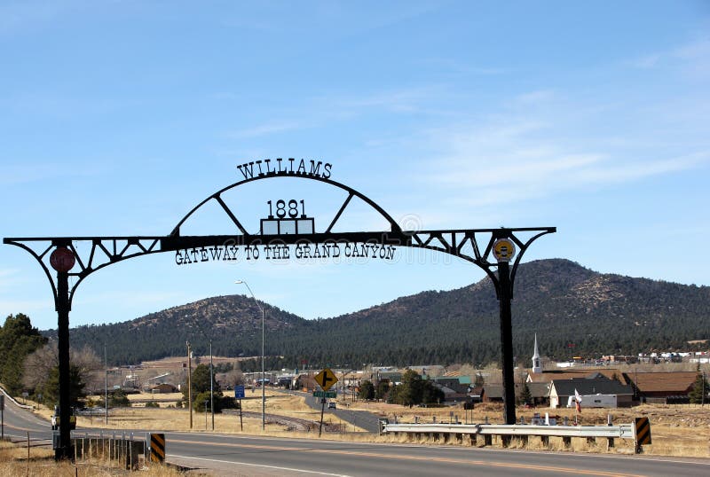 Metal sign at the entrance of the city of Williams, Arizona. Established in 1881, Williams is the gateway to the Grand Canyon, with railway transportation to view the canyon leaving from the city center. GrandCanyon Polar Express runs from here. Metal sign at the entrance of the city of Williams, Arizona. Established in 1881, Williams is the gateway to the Grand Canyon, with railway transportation to view the canyon leaving from the city center. GrandCanyon Polar Express runs from here.