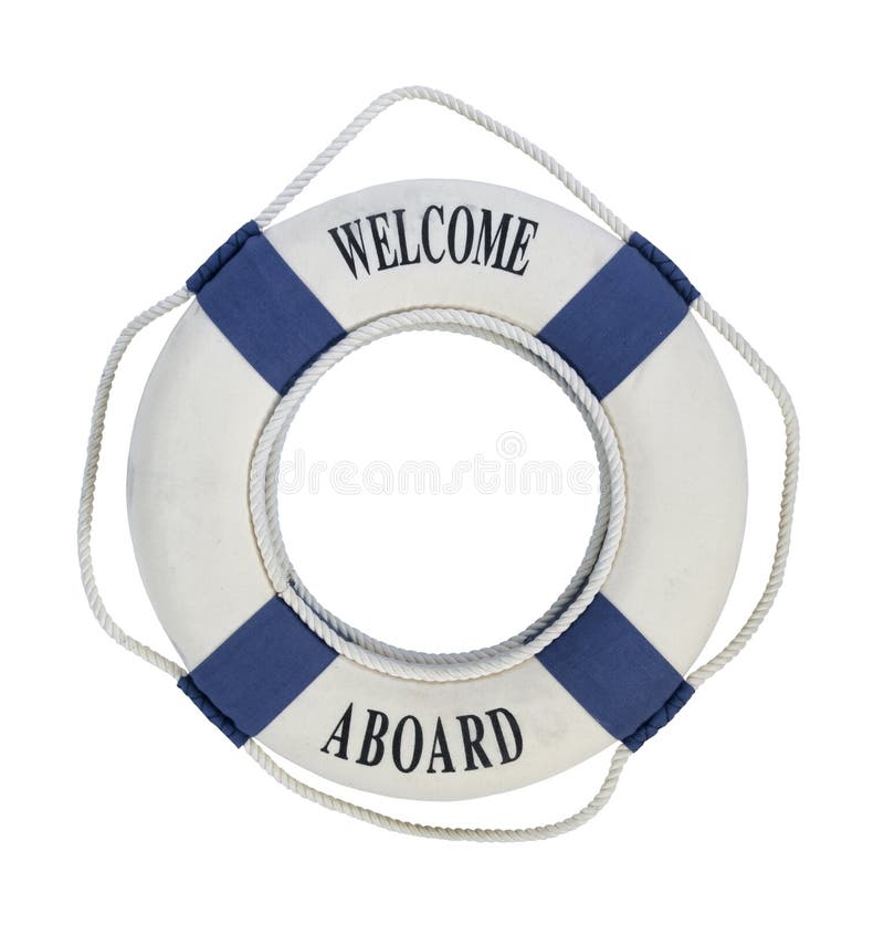 Welcome Aboard round floatation life preserver with rope handles for easy grabbing during emergencies - path included. Welcome Aboard round floatation life preserver with rope handles for easy grabbing during emergencies - path included