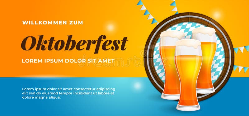 Willkommen Zum Oktoberfest-affischdesign Vektorbild av ölglas med grå bakgrund och bavariafält