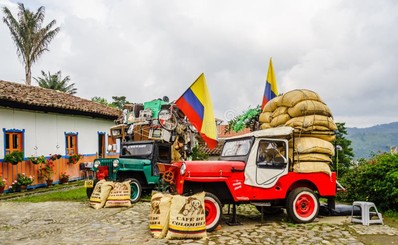 Willy jeeps in the village of Salento next to the valley of Salento Colombia stock image Willy jeeps in the village of Salento next to the valley of Salento Colombia stock image