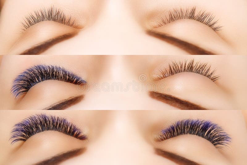 Wimper-Erweiterung Vergleich von weiblichen Augen vorher und nachher Blaue ombre Peitschen lizenzfreies stockfoto Wimper-Erweiterung Vergleich von weiblichen Augen vorher und nachher Blaue ombre Peitschen lizenzfreies stockfoto