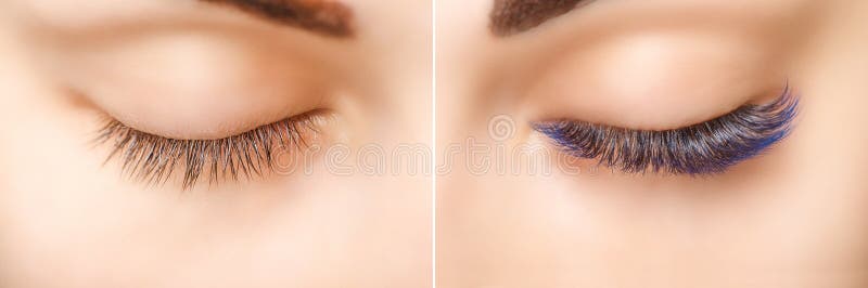 Wimperuitbreiding Vergelijking van vrouwelijke ogen vóór en na Blauwe ombrezwepen stock foto Wimperuitbreiding Vergelijking van vrouwelijke ogen vóór en na Blauwe ombrezwepen stock foto