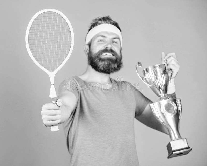 Win tennis game. No player can step on court against me and feel confident. Man bearded hipster wear sport outfit royalty free stock photography Win tennis game. No player can step on court against me and feel confident. Man bearded hipster wear sport outfit royalty free stock photography