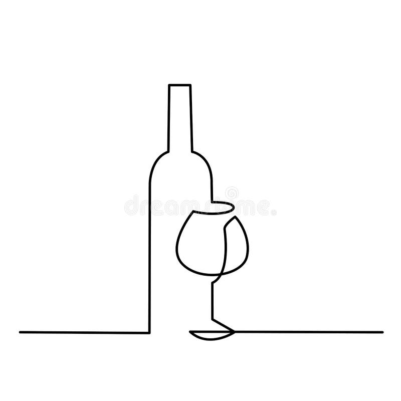 Wina szkła konturu wektoru ikona Ciągła jeden linia rysująca butelka wino i szkło ilustracja wektor