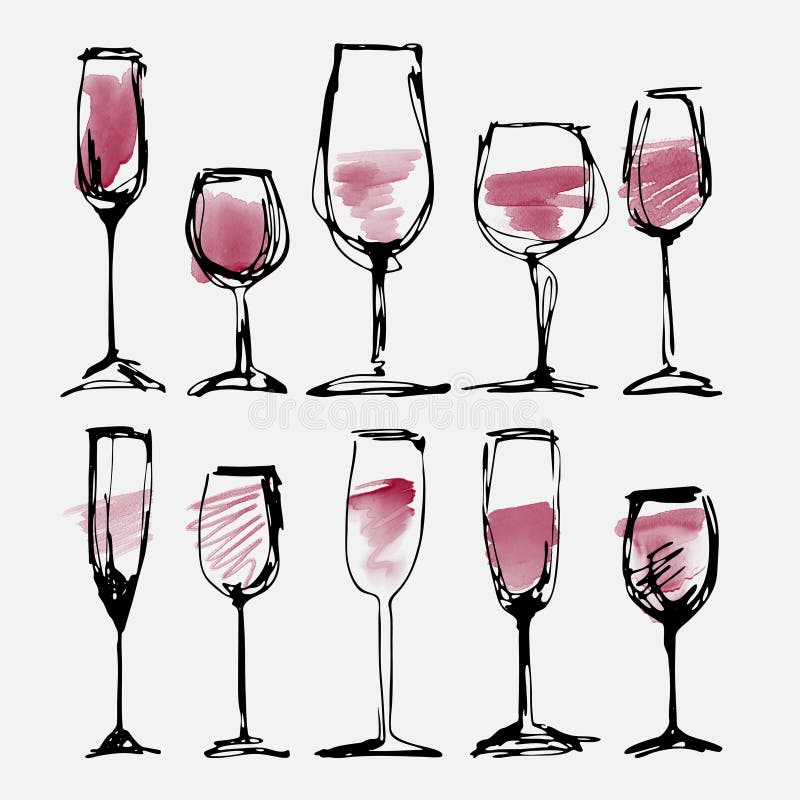 Wina szkło ustawiający - kolekcja kreślił akwareli sylwetkę i wineglasses royalty ilustracja