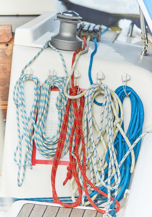 Winch and Nautical Ropes on a Sailing Boat in the Port Stock Photo