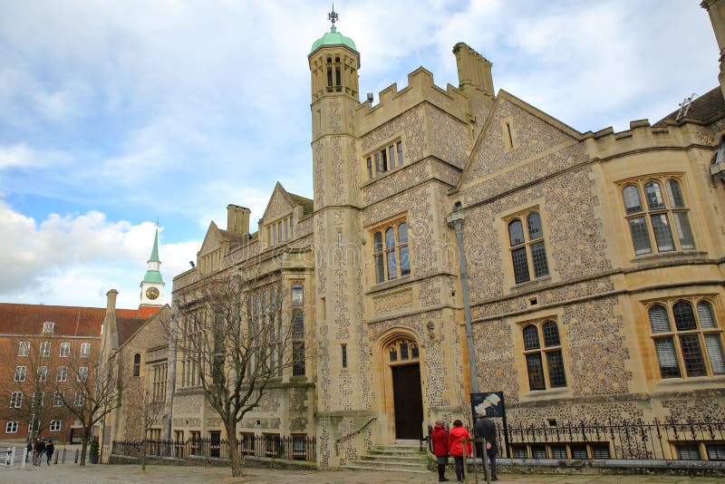 WINCHESTER, UK - FEBRUARY 4, 2017: Exterior view of the Castle Hill along Castle Avenue and close to the Great Hall stock photo WINCHESTER, UK - FEBRUARY 4, 2017: Exterior view of the Castle Hill along Castle Avenue and close to the Great Hall stock photo