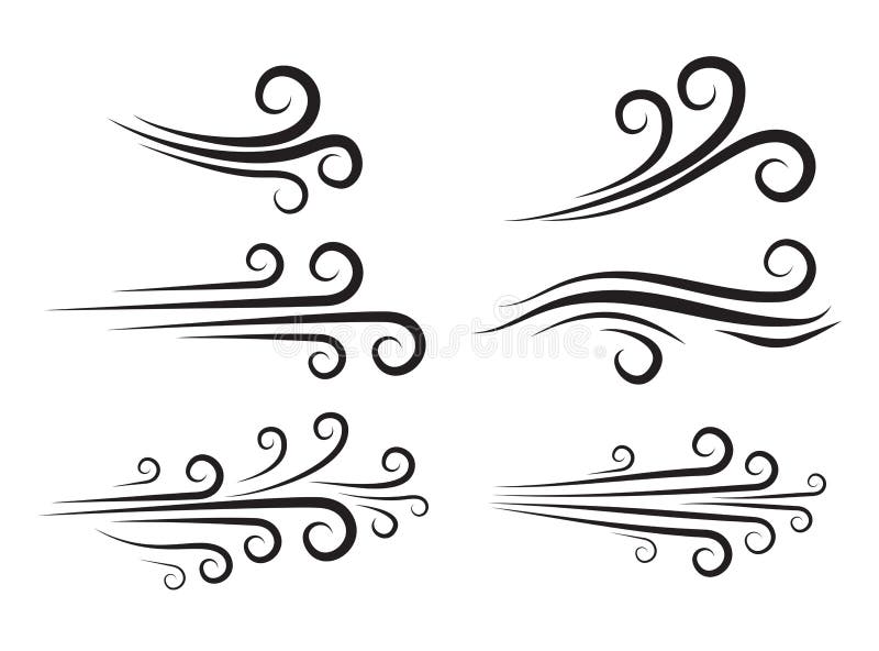 Wind blow icon set. Windy weather swirl vector shape. Silhouette of speed blowing air isolated on white. Breeze wave abstract