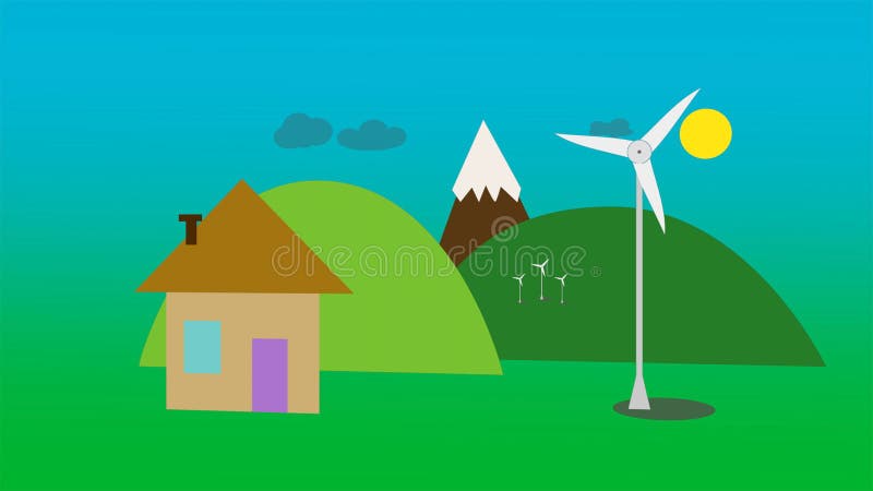 Wind Energy Concept. Cartoon Animation Showing How Wind Turbines Produce  Small Green Village with Energy. Stock Illustration - Illustration of energy,  modern: 186741324