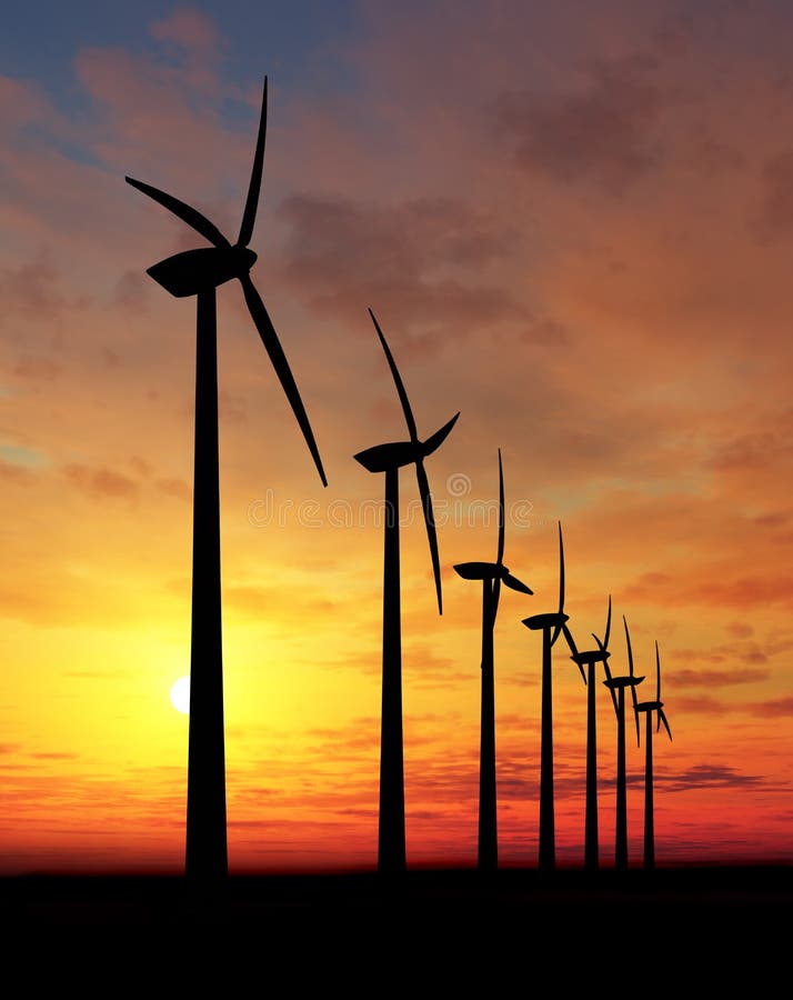 Wind turbines farm at sunset. Wind turbines farm at sunset.