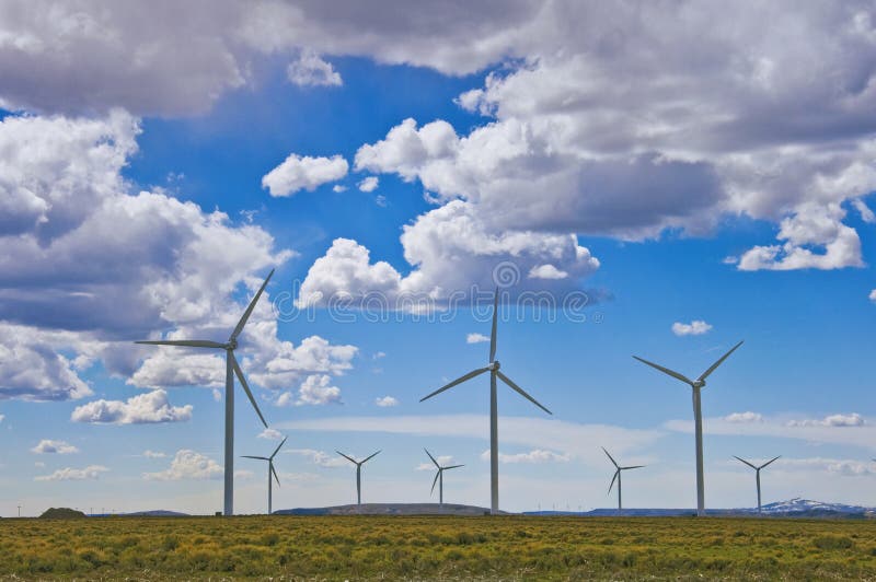 Wind farm on the plains of Wyoming, with some billowy clouds