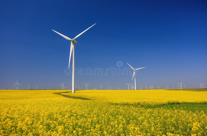 Wind farm and beautiful rapeseed flower in bloom with a clear blue sky. Lots of wind turbines in a field of blooming rapeseed. royalty free stock photos Wind farm and beautiful rapeseed flower in bloom with a clear blue sky. Lots of wind turbines in a field of blooming rapeseed. royalty free stock photos