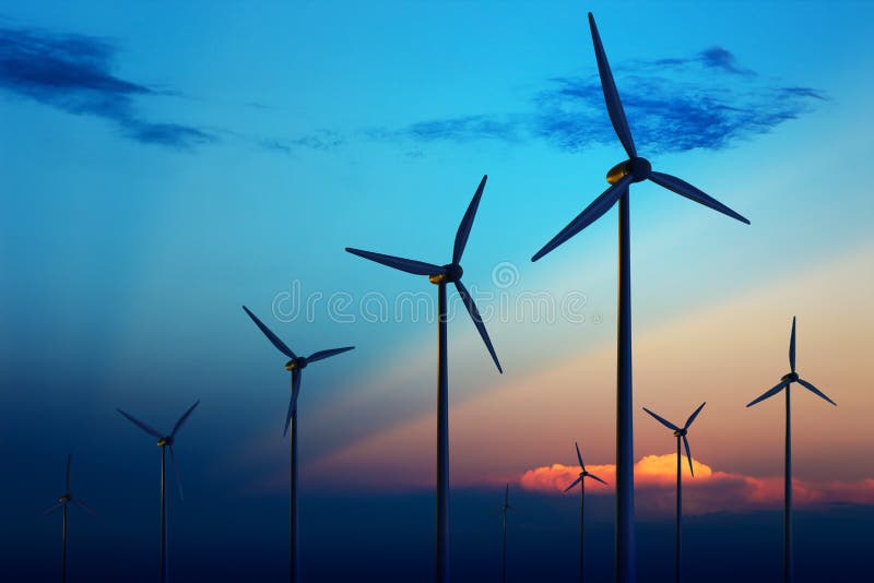 Wind för lantgårdsolnedgångturbin arkivfoton