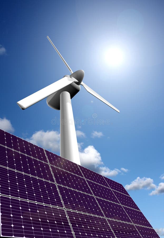 Wind för ström för energipanelväxt sol- arkivbild