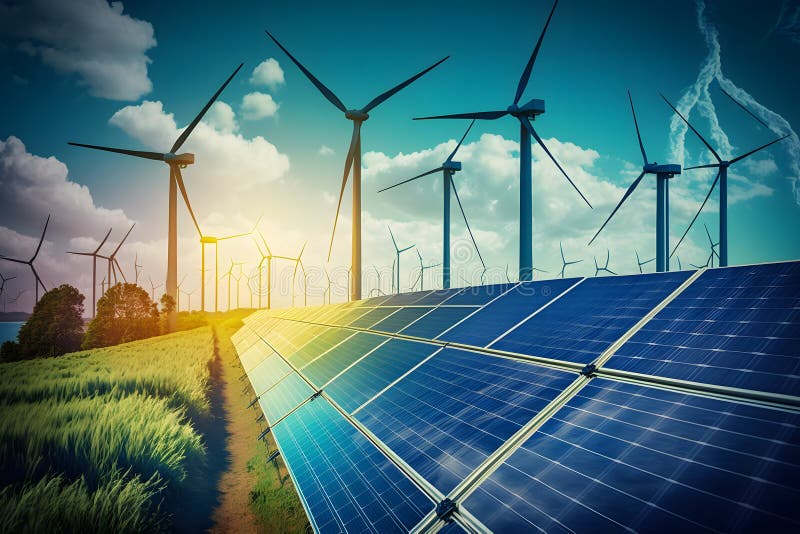 Wind Power and Solar Power Panels at Sunset. Neural Network AI