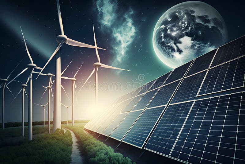 Wind Power and Solar Power Panels at Sunset. Neural Network AI