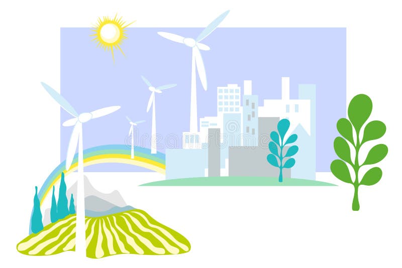Wind Power Turbines in the Cityscape and Agricultural Landscape.  Alternative Energy. Ecological Concept. Flat Design. Cartoon Stock Vector -  Illustration of mill, generate: 209902237