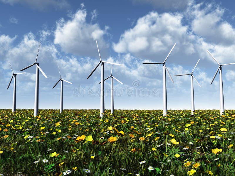 Wind power turbines on a meadow.