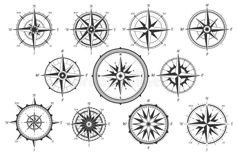 Compass rose vector with Ornament and Scale. Eight directions