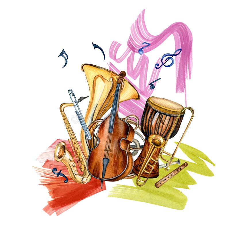 Wind, String Musical Instruments and Paint Stroke Watercolor Illustration Isolated. Stock Photo