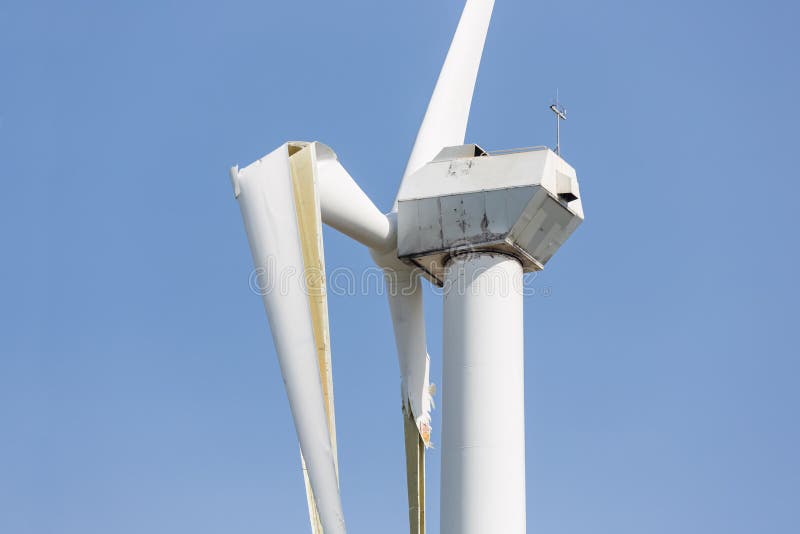 Wind turbine with broken wings after a heavy storm in the Netherlands