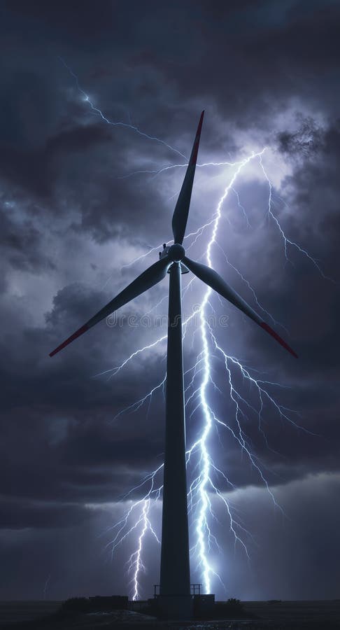 Wind turbine with stormy clouds and lightning in the background, epic dramatic lighting, AI-generated stock illustration