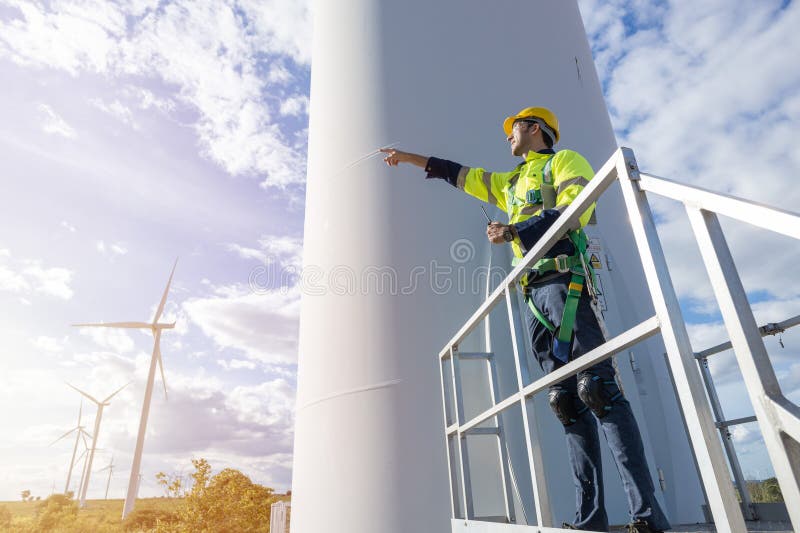 Wind Turbine Technician Checking Service. Engineer Team Professional