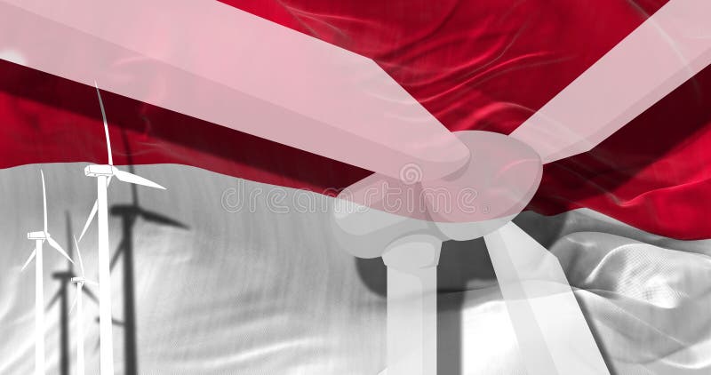 Wind Turbines on Background of Indonesia Flag. Sustainable Development