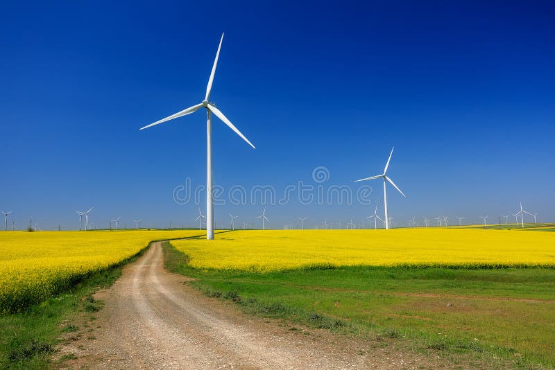 Wind turbines. Fields with windmills. Rapeseed field in bloom. Renewable energy