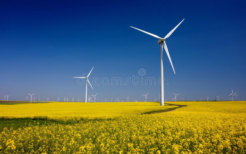 Wind turbines on fields with windmills in the Romanian region Dobrogea