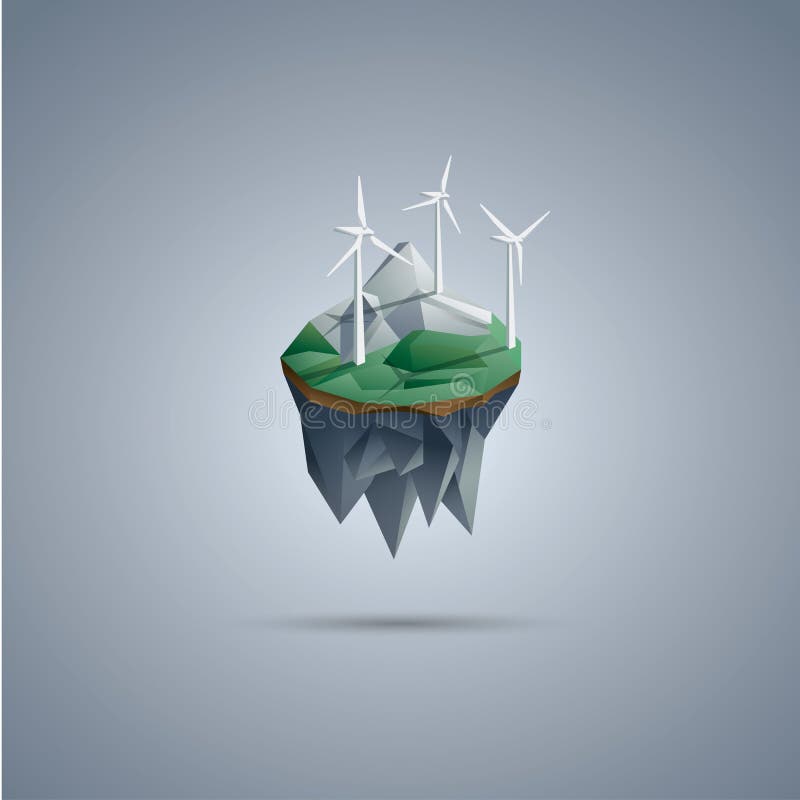 Wind turbines on low poly floating island royalty free illustration
