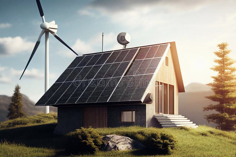 Wind turbines and solar panels. Generative AI stock illustration