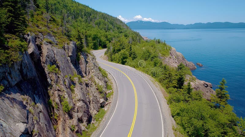 Winding coastal road along cliffs with stunning ocean views and greenery vector illustration