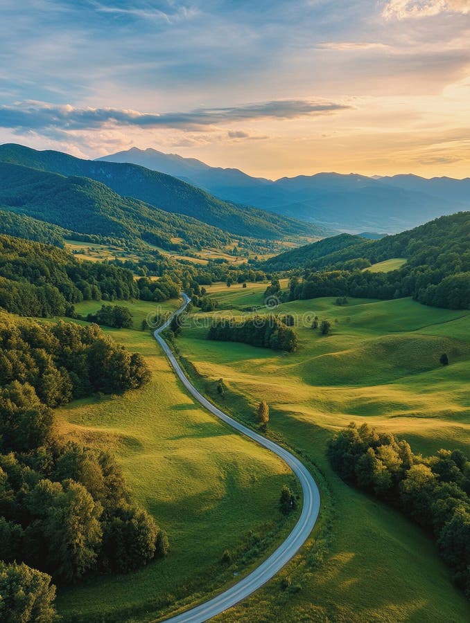Winding Country Road between Fields and