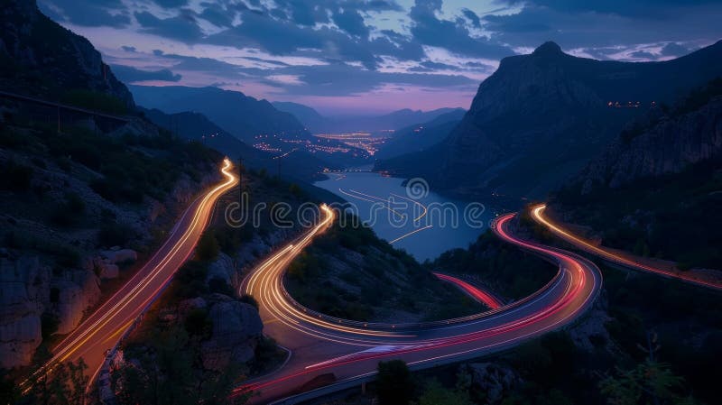 The winding mountain roads are silent witnesses to the endless stream of car light trails creating a serene and stock photo