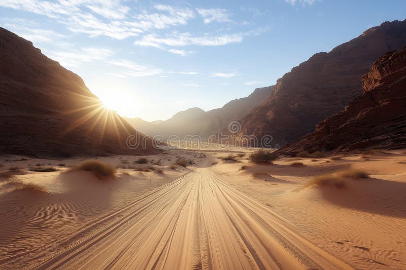 Winding through a narrow canyon, this path reveals towering red rock walls, soft sands, and stones as the sun casts elongated shadows, creating a serene natural wonder. Captivating path stock images, royalty-free photos and pictures