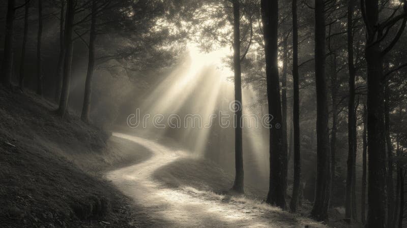 A winding path through a misty forest with sunbeams shining through the trees stock illustration