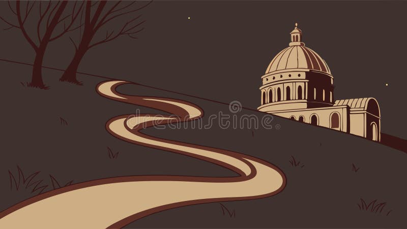 Winding pathway leading to grand building, journey, destination, architecture art vector design Generative AI. Illustration of a winding pathway leading through a landscape towards a grand building, possibly a capitol or important landmark. This image symbolizes a journey, a path towards a destination, progress, or approaching a significant place or goal vector design Generative AI